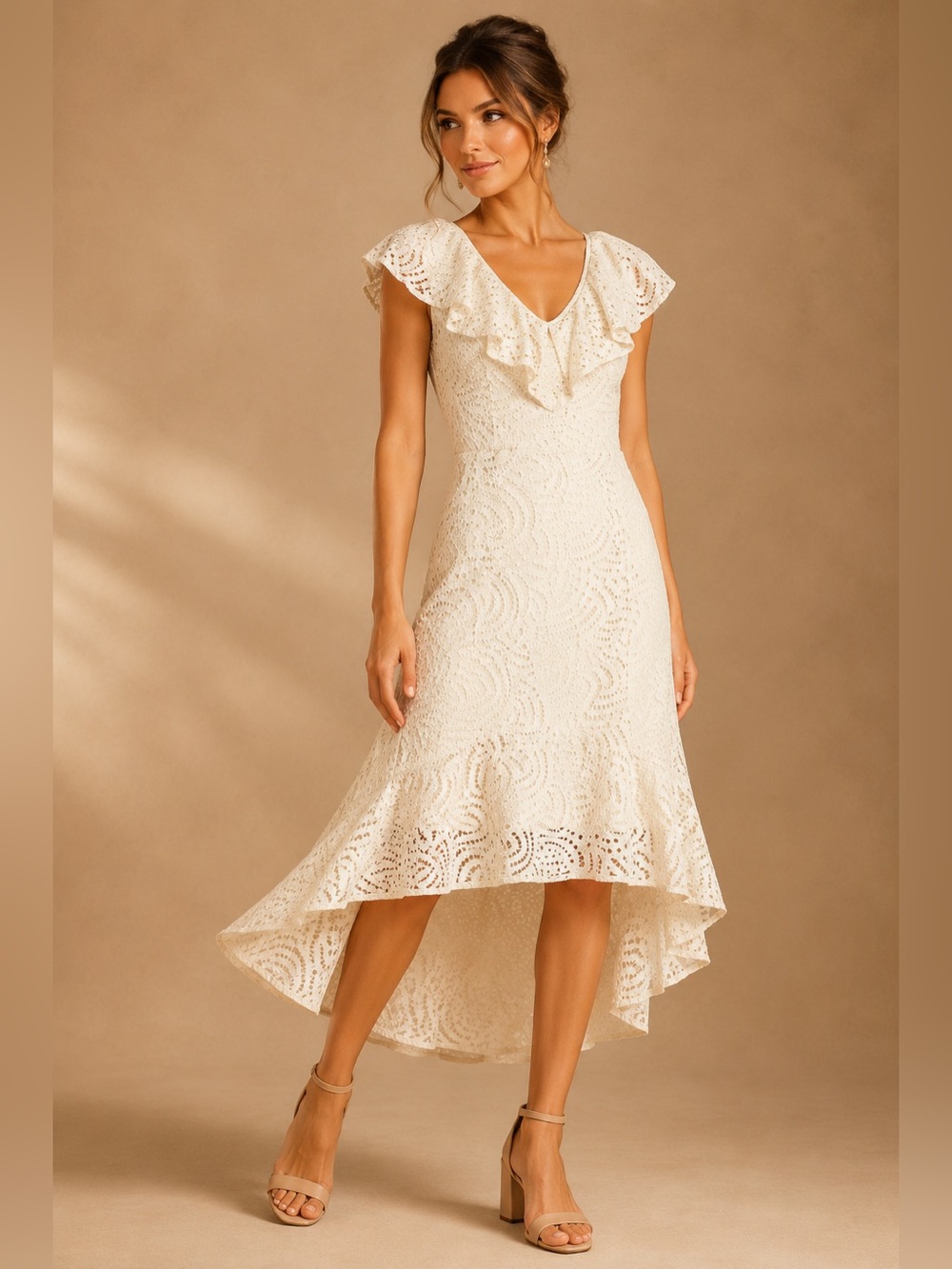 Reba Ivory Cream Chunky Eyelet Lace Ruffle Collar Hi Low Dress NEW Size Small